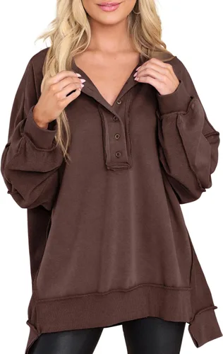 Vista 89 de AlvaQ - Sudadera de gran tamaño para mujer, informal, de manga larga, con botones y cuello Henley, tipo túnica