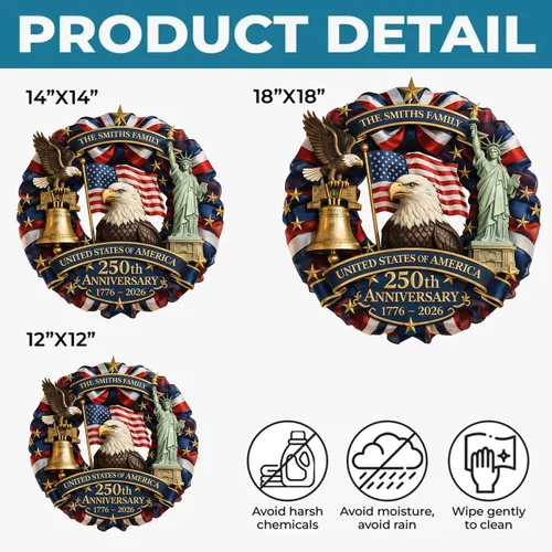 Vista 7 de NAZENTI Letrero personalizado para puerta del 4 de julio con nombre familiar, coronas de puerta personalizadas para 250 aniversario de Estados