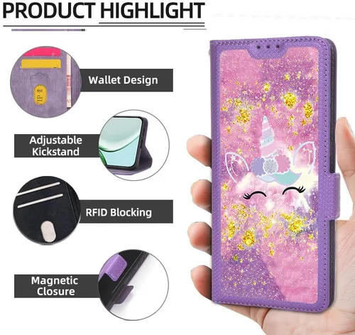 Vista 2 de Funda compatible con Huawei Y9 Prime 2019 con protector de pantalla de vidrio templado, bloqueo RFID, purpurina dorada y luminosa, LPT-DJS