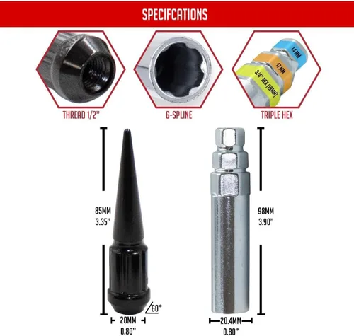 Vista 3 de Piezas de accesorios de rueda, 20 piezas de 1/2 "-20 roscas estriadas de 3.35 pulgadas de largo, tuercas hexagonales negras para Ford Mustang Jeep