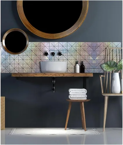 Vista 5 de XUANINY Azulejos contra salpicaduras para despegar y pegar, con superficie de aluminio triangular arcoíris, calcomanía de mosaico de metal