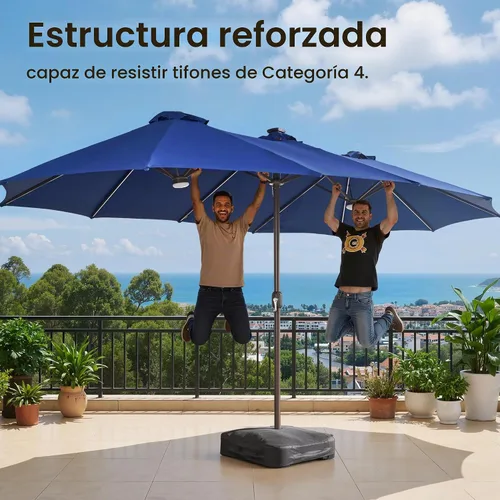 Vista 6 de ovios Sombrilla grande de patio de 15 pies con base y luces solares, paraguas rectangular de doble cara para exteriores con 38 luces RGB, paraguas
