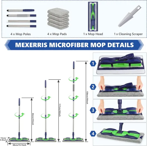 Vista 5 de Trapeadores de microfibra para limpieza de suelos: fregona plana con 4 almohadillas lavables 59" Adjustable Handle, 360° Rotating Head, Commercial