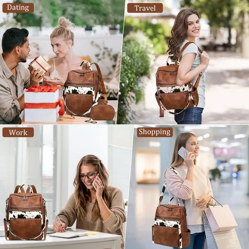 Vista 7 de Mochila de cuero para mujer, bolso de hombro para mujer, bolso de hombro de moda de imitación para trabajo, marrón (Cow Brown), Mediana, Mochila
