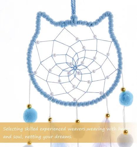 Vista 7 de Pretty Jolly - Atrapasueños azul de gato para niños, decoración de pared con pompones y plumas, atrapasueños hecho a mano para niños, decoración