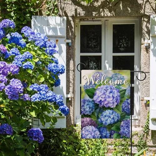 Vista 4 de Hzppyz Bandera de jardín de flores florales de primavera de bienvenida de doble cara, hortensias decorativas para patio al aire libre, decoración