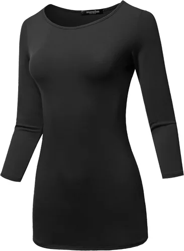 Vista 2 de SSOULM Camiseta básica casual de manga 34 para mujer, elástica, ajustada, con talla grande