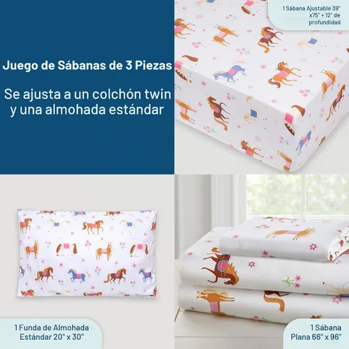 Vista 4 de Wildkin Juego de sábanas tamaño individual – Microfibra suave, sábana bajera y sábana superior, funda de almohada – Caballos
