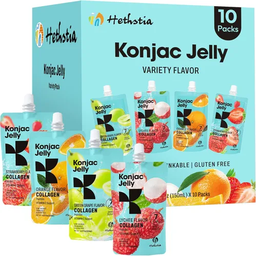 Vista 9 de Hethstia Konjac Jelly sabor a uva verde, 10 bolsas, gelatina de uva bebible con péptidos de colágeno, 7 Kcal, sin azúcar, sin gluten, keto, vegano