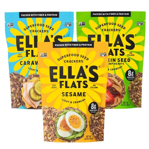 Vista 19 de ELLA'S FLATS® Patatas fritas saladas de todas las semillas, sin gluten, sin azúcar, chip de alto contenido de fibra, aperitivo bajo