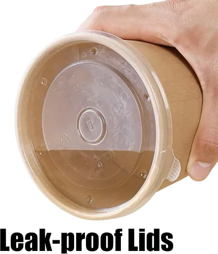 Vista 3 de Paquete de 100 recipientes de sopa de papel de 8 onzas con tapas, vasos desechables de papel kraft para alimentos, recipiente de sopa resistente