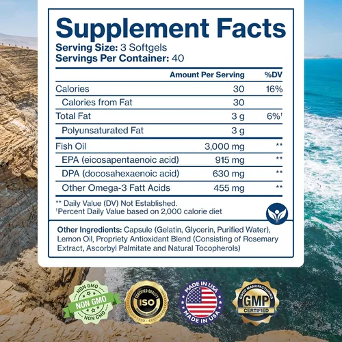 Vista 6 de Aceite de pescado Omega 3, sabor a limón sin eructos, EPA y DHA, 90