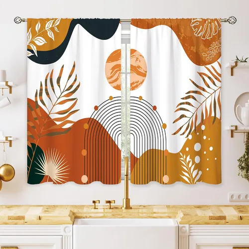Vista 8 de Cortinas bohemias de cocina pequeñas de mediados de siglo, tratamiento abstracto moderno para ventana, bolsillo para cortinero, cortinas cortas