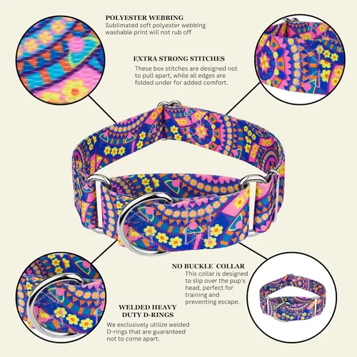Vista 7 de Country Brook Petz - Collar para perro Martingala con mandala bohemio azul, colección Groovy con 12 diseños lejanos (1 1/2 pulgadas, mediano)