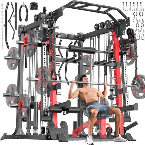 Vista 22 de XGSW Smith Machine Gimnasio en casa, jaula de potencia multifunción con sistema cruzado de cable de polea doble, estante para sentadillas