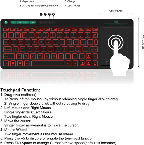 Vista 2 de Rii K18 Plus Teclado multimedia inalámbrico de 3 LED a color retroiluminado con panel táctil de gran tamaño, teclado recargable para Android TV Box