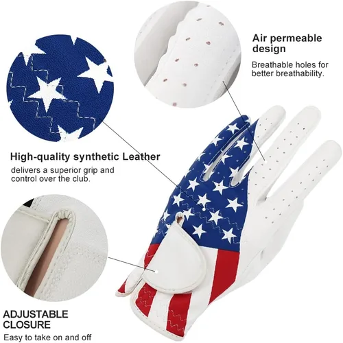 Vista 3 de Guantes de golf para hombres y mujeres, mano izquierda para golfista diestro, patrón de bandera estadounidense, cuero sintético, fibra de licra
