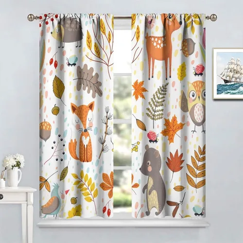 Vista 4 de YCness Cortinas para niños y niñas, diseño de animales de la selva, bosque de otoño, dibujos animados, ciervos, conejos, zorros, búhos, cortinas