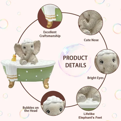Vista 3 de Figura de elefante para decoración de estatua de jardín, bonito elefante de resina gris con un pato en la bañera de lunares que trae buena suerte