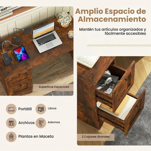 Vista 8 de Tangkula Escritorio para computadora con cajones y estación de carga, escritorio de madera para oficina en casa, escritorio para computadora Marrón