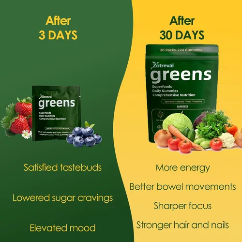Vista 4 de Daily Greens, Superfood - Paquetes de gomitas verdes, suplemento de clorella y espirulina con más de 20 prebióticos orgánicos, vitaminas y minerales
