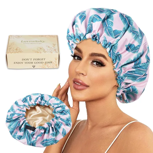Vista 9 de 2 piezas de gorras de ducha para mujer, gorras de ducha reutilizables impermeables para el cabello con moño ajustable, lujosa gorra de baño para Rosa