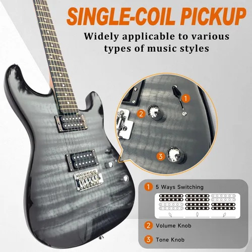 Vista 4 de Kit de inicio de guitarra eléctrica estilo ST de tamaño completo de 39 pulgadas con pastilla HH, amplificador portátil de 20 W, afinador, bolsa