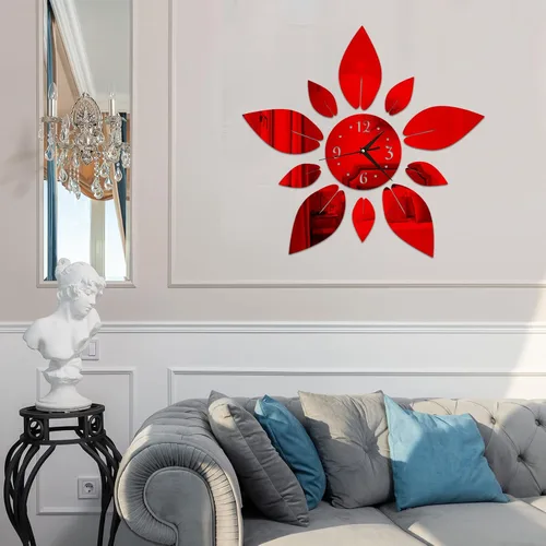 Vista 4 de Adhesivo de pared acrílico, diseño de flores en 3D Self-Adhesive Red Acrylic Crystal Material, Mirror Wall Clock For Home, Apartment And Indoor
