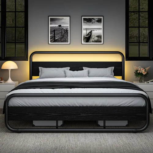 Vista 16 de Catrimown - Marco para cama individual con luces LED, marco de cama plataforma individual resistente de metal rústico con cabecera de madera