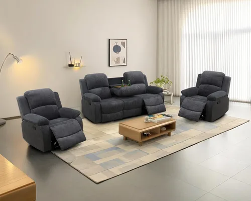 Vista 12 de Juego de sofá reclinable manual para sala de estar, juego de muebles de 3 piezas, sofá reclinable de tela Courduroy y dos sillas con mesa Azul