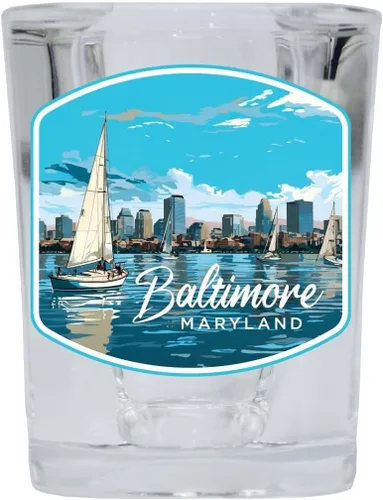 Vista 3 de Baltimore Maryland B Souvenir - Vaso de chupito cuadrado de 2.5 onzas, base azul, paquete de 2