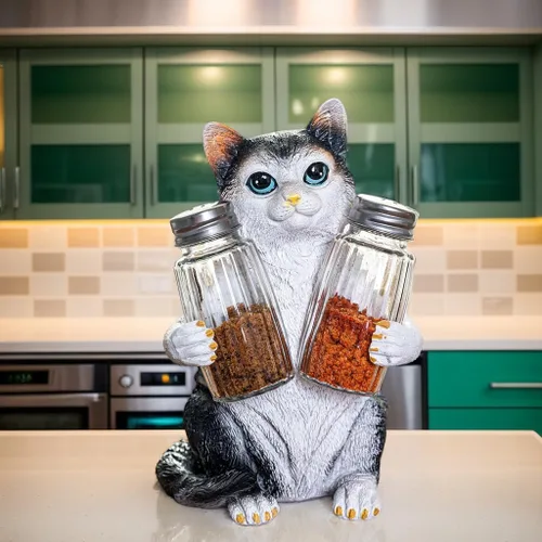 Vista 2 de Juego de salero y pimentero de resina con soporte y tarros de especias de cristal, decoración de cocina para amantes de los gatos, figura de gato