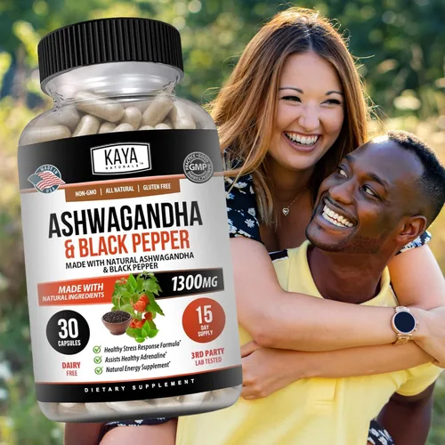Vista 7 de Kaya Naturals Raíz de Ashwagandha con pimienta negra Suplemento adaptógeno de máxima fuerza de 1300 mg, ayuda a la salud suprarrenal, glandular
