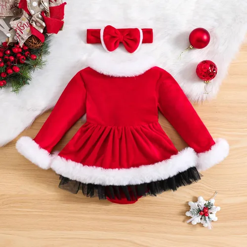 Vista 7 de WASAIGOOD Mameluco de Navidad para bebé niña, vestido de manga larga con ribete de piel, traje de terciopelo para Navidad, enterizo de invierno