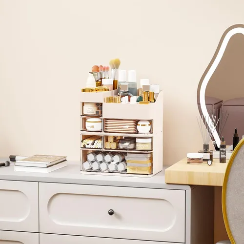 Vista 4 de SuoXing Organizador de maquillaje para tocador, organizador de maquillaje grande con 6 cajones para mostrador, organizador de almacenamiento de Rosa