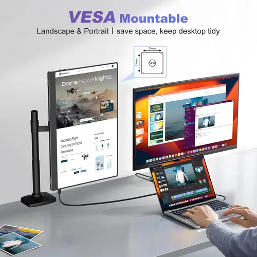 Vista 9 de Monitor portátil grande de 18.5 pulgadas, 120Hz 1080P FHD IPS portátil para viajes, pantalla secundaria para portátil, 125% sRGB, altavoces duales