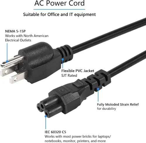 Vista 3 de CEERXIAN - Cable de alimentación corto de CA de 3 clavijas, Nema 5-15P macho a IEC 320 C5 hembra, cable de repuesto para computadora portátil