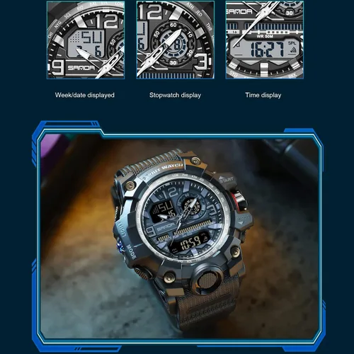 Vista 4 de WISHFAN Reloj militar para hombre, de doble pantalla, impermeable, deportivo, digital, muñeca grande, con alarma