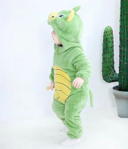 Vista 3 de AGQT Disfraz de tigre de bebé de una pieza con capucha para Halloween, talla 0-24 meses 7277z12# Disfraz de dinosaurio verde