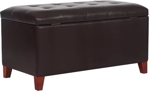 Vista 14 de Adeco Otomana de almacenamiento, banco tapizado rectangular de piel sintética con patas de madera, reposapiés, mesa de café para sala de estar Negro