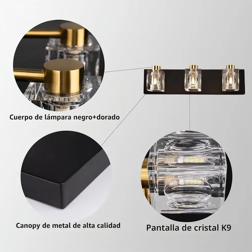 Vista 7 de Modernas luces de cristal para tocador, accesorios de luz para tocador de baño de 3 luces, luces de baño negras y doradas sobre espejo, apliques