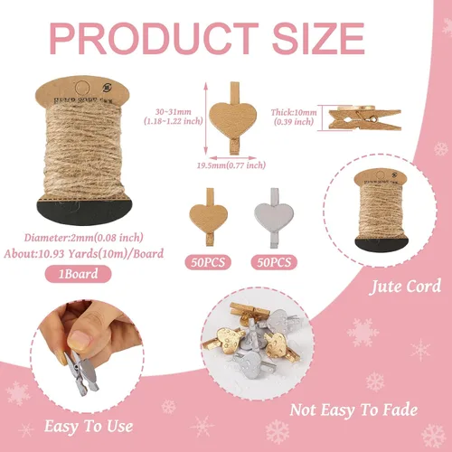 Vista 2 de Pandahall - 100 pinzas de madera con forma de corazón para fotos, pinzas para papel fotográfico, pinzas doradas y plateadas, mini alfileres de ropa