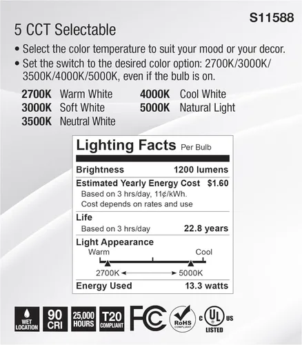 Vista 6 de Satco S11588; LED PAR38 de 13.3 vatios; base media; acabado plateado; CCT seleccionable; 120 voltios; ángulo de haz de 25 grados