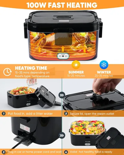 Vista 3 de Eocolz Fiambrera eléctrica calentador de alimentos de 100 W, calentador de alimentos con doble contenedor, 1.8 L, lonchera portátil con calefacción