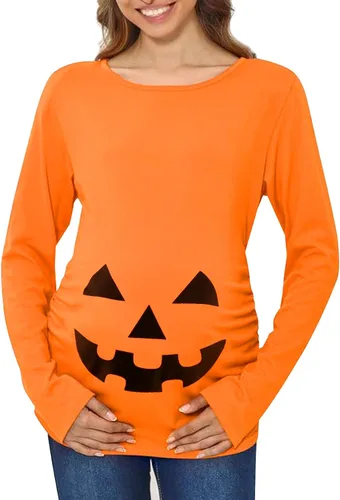 Vista 4 de Camisa de maternidad de Halloween para mujer, divertida calabaza, embarazada, linda manga larga