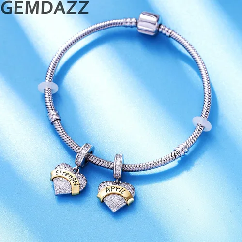 Vista 3 de GEMDAZZ Dijes de piedra natal de cumpleaños de enero a diciembre para pulsera de dije, 2 tonos de plata de ley 925 con cuentas de corazón