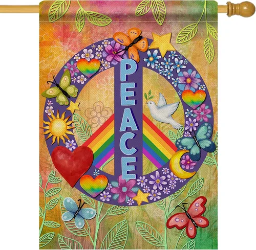 Vista 7 de Dyrenson World Peace Love - Bandera decorativa para jardín, doble cara, arco iris, mes del orgullo, arpillera para patio, decoración exterior
