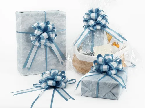 Vista 23 de HUIHUANG Lazos Azules para Envolver Regalos 12 PCS Lazos Azules Bebé de Tirón de 4 Pulgadas de Satén para Regalos, Cesta de Regalo, Bolsa de Papel