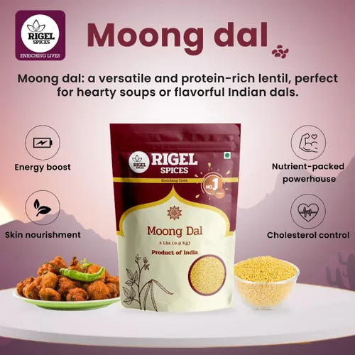Vista 5 de Rigel Spices Moong Dal 2 libras - Frijoles mungos amarillos ricos en proteínas - Elegancia llena de nutrientes de cocción rápida - Frijoles mungos