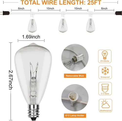 Vista 2 de Tira de luces Edison ST35 de 25 pies para patio al aire libre con 27 bombillas transparentes, 5 vatios/120 voltaje/base E12, cable blanco